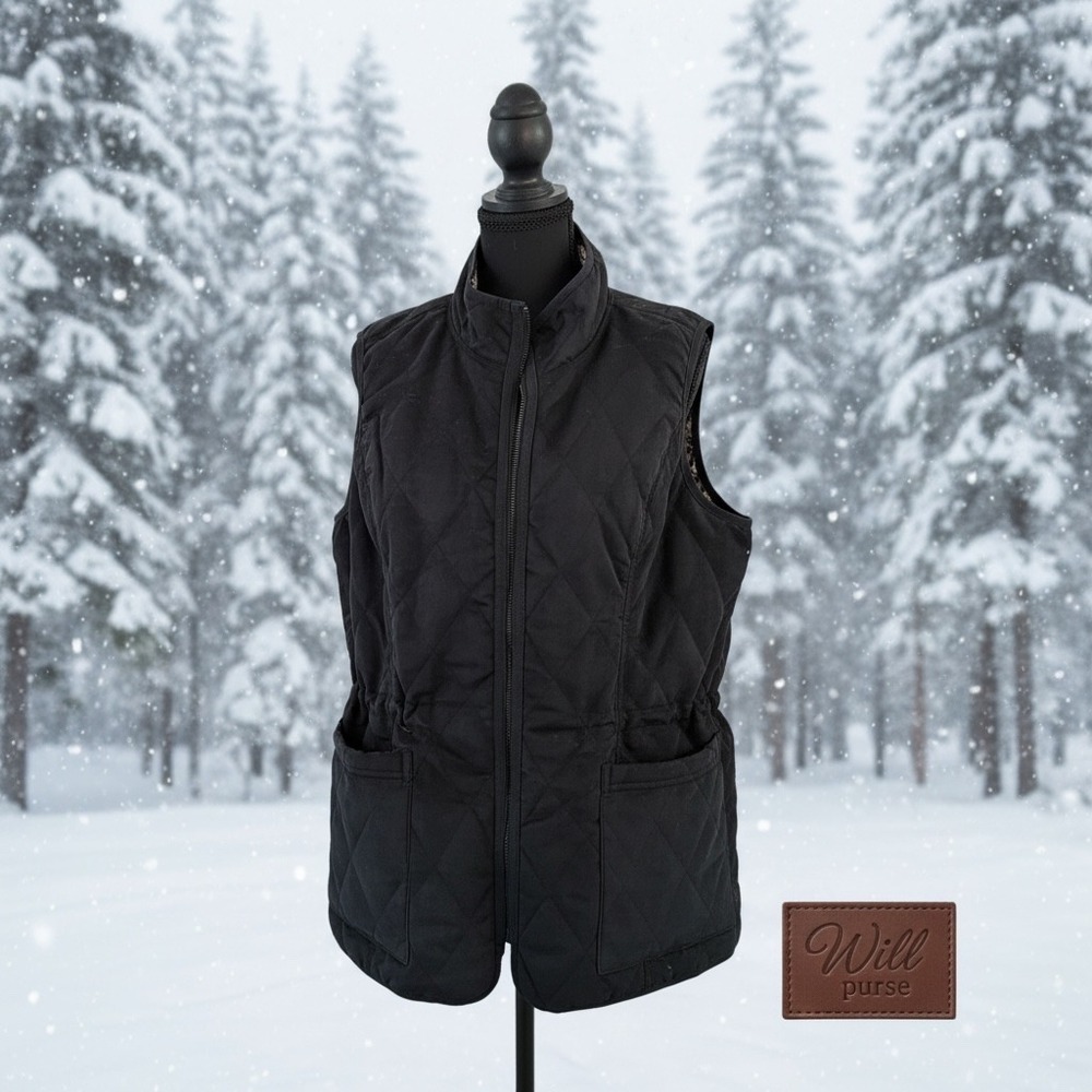 Isaac Mizrahi Live Reversible Quilted Vest Black Paisley XL Full Zip Drawstring